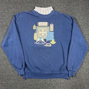 Vintage Antique Collector Plaid Collar Pull over Sweatshirt Womens L Navy Blue